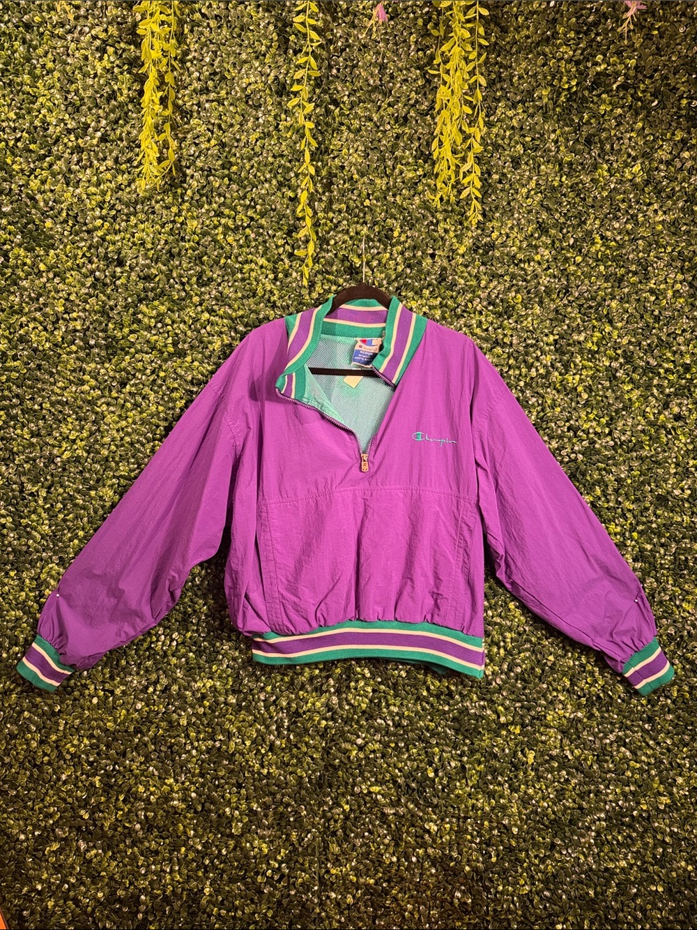1990 Champion Purple Half-Zip Varsity Jacket with Green Trim